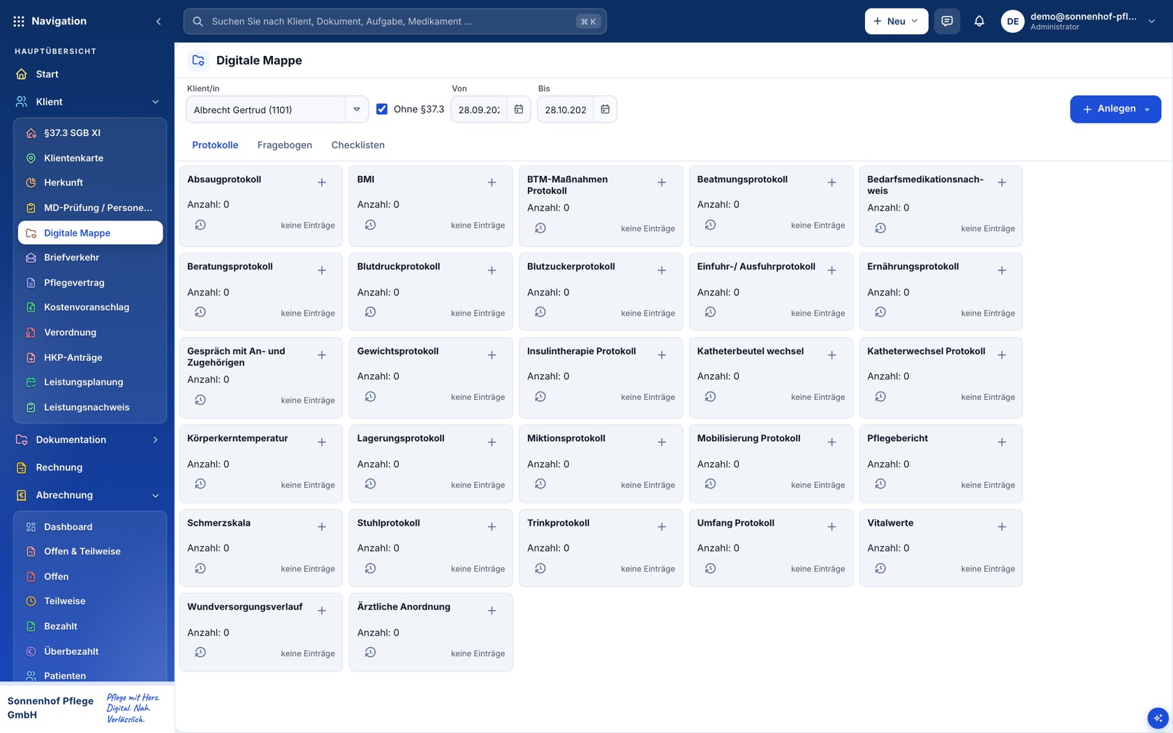 Pflegedokumentation im Pflegeportal (Demodaten)
