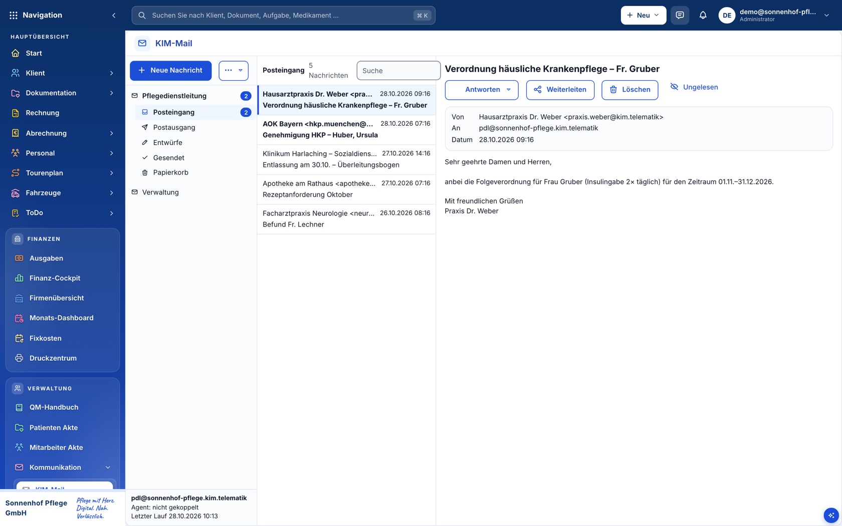 Bildschirm KIM-Mail im Pflegeportal (Demodaten)